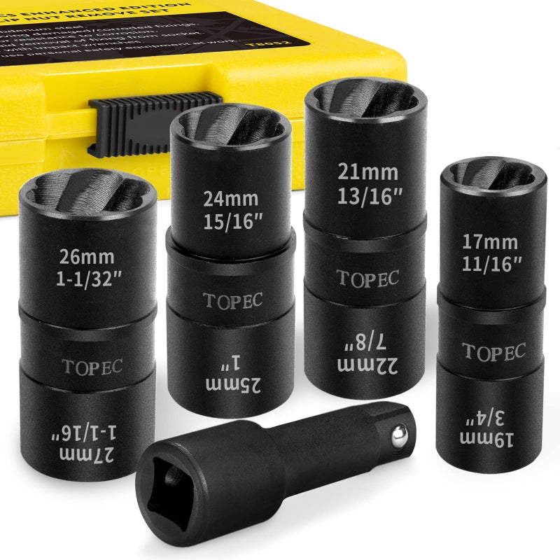 Topec Flip Edition Lug Nut Remover  5 Piece Wheel Lock Removal Kit for Removing Stripped  Damaged  Frozen  Rusted  Rounded-Off Bolts  Nuts & Screws and Other Fasteners  Double Size Extractor Socket - Image 1